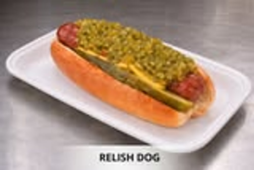 Relish Dog on a tray.