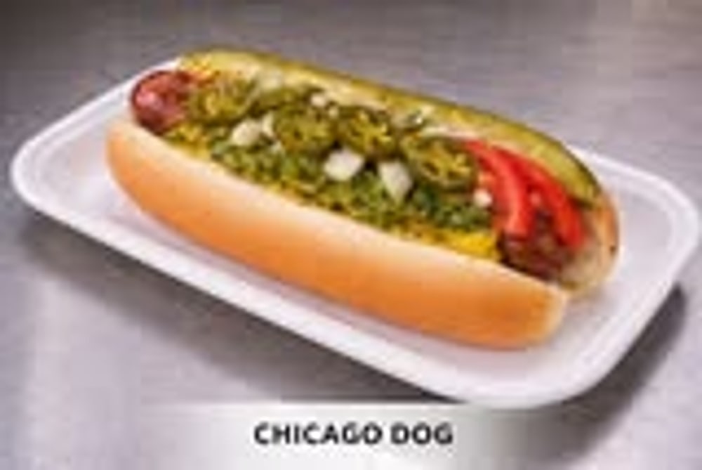 A Chicago-style hot dog on a tray.