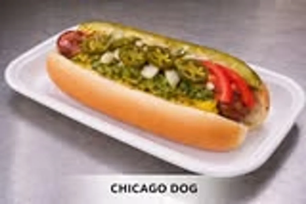 A Chicago-style hot dog on a tray.
